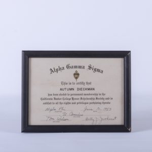 1953 Alpha Gamma Sigma Honor Scholarship Society Certificate, chapter Alpha Phi from El Camino College Torrance California