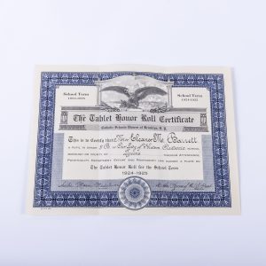 1924-1925 Honor Roll Certificate- Catholic Schools Diocese Brooklyn NY
