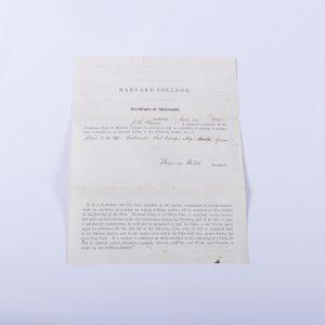 HARVARD COLLEGE 1863 ORIGINAL CERTIFICATE OF ADMISSION FOR J.W. REED