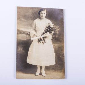 RPPC Graduation Day Girl White Dress Diploma Rose Bouquet Real Photo Postcard Antique Vintage Black White Photo Photograph